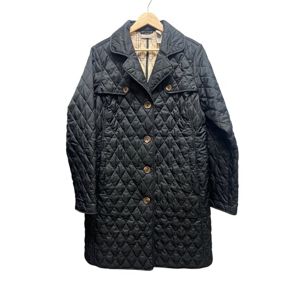 L.L. Bean Vintage 90's Long Black Quilted Barn Chore Car Coat with Plaid Interio - Picture 2 of 7